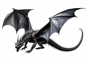 Fototapeta premium Black dragon flying with wings spread on a white isolated background.