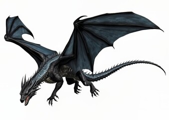 Black dragon flying with wings spread on a white isolated background.