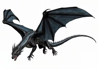 Tuinposter Black dragon flying with wings spread on a white isolated background. © Mike Schiano