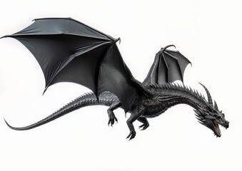 Black dragon flying with wings spread on a white isolated background.