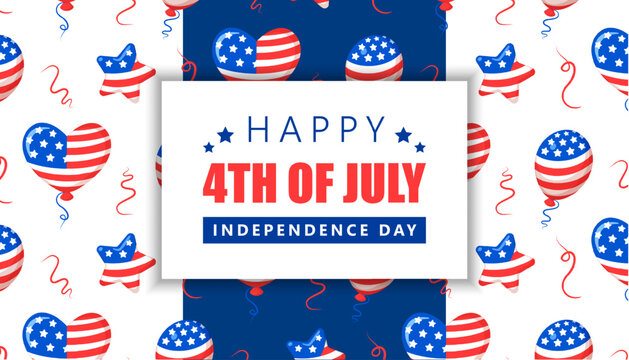Independence Day of the United States of America banner with striped and starry USA balloons, in colors of american national flag. Vector illustration. Design template for the 4th of July celebration
