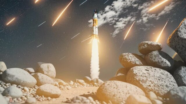 Rocket launching into sky in quiling paper style. Generative ai