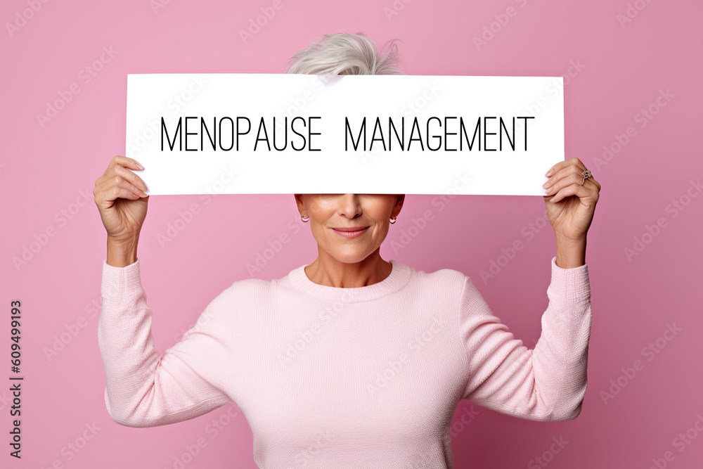 Wall mural a woman holding up a white sign in front of her face menopause management. generative ai.