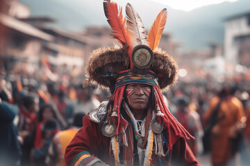 Qoyllur Rit'i in Cusco, Peru: An Andean pilgrimage celebrating the Snow Star Festival, thousands of pilgrims climb to a sacred mountain to honor the Inca deity. Generative AI.