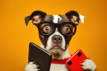 Shocked dog in glasses holding two smart phones, over orange background, studio portrait. AI generative