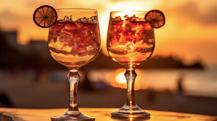 Summer Cocktail Drinks on sandy Beach. Golden hour , ideal for Wallpaper.