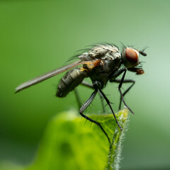Close-up of a fly perched on a leaf.