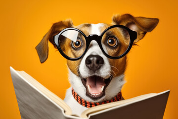 Surprised dog in glasses holding opened book, over orange background, studio portrait. AI generative