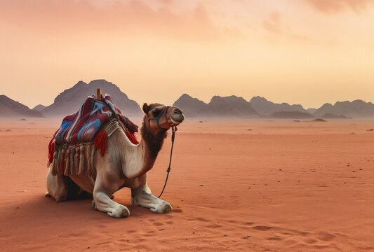 Two camels are in the Sinai Desert, Sharm el Sheikh, Sinai Peninsula, Egypt. Orange beautiful sunset above mountains
