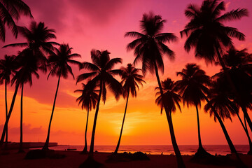 Naklejka na ściany i meble Palm trees silhouettes on tropical beach at vivid sunset time summer beach background 