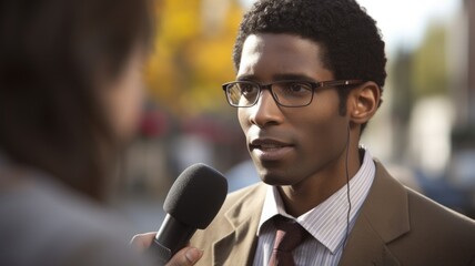 Journalist Male African-American Young adult Conducting an interview in Outdoor location. Generative AI AIG22.