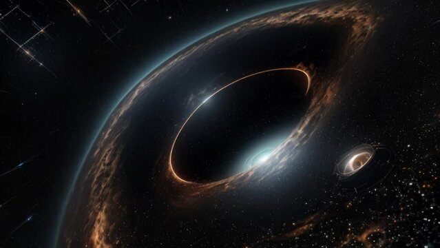 A mysterious black hole surrounded by a cluster of shining stars in the infinite sky. Generative ai