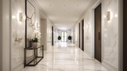 Luxury, modern hotel or apartment corridor with white marble carrara tiled walls and floor. White and shiny. Created with generative AI