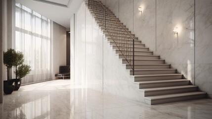 Obraz premium Luxury, modern marble carrara stairway in modern office or apartment. Big, open, and high space of corridor, hallway. Created with generative AI