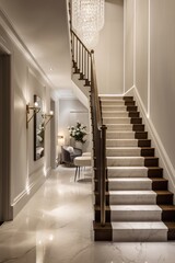 Luxury living room interior design in classic style with marble carrara tiles, dark and white stairs. Apartment or hotel concept. Created with generative AI