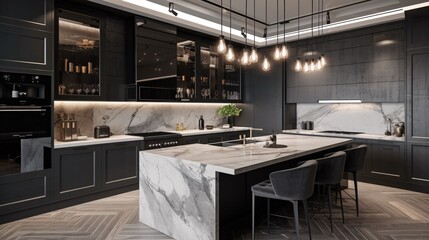 Modern and luxury kitchen in a loft style with black and gray carrara marble. Created with generative AI