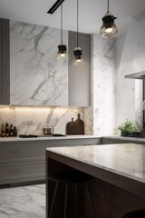 Luxury kitchen interior with marble carrara countertop and built in sink. Created with generative AI