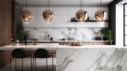 Interior of modern, luxury kitchen with white marble carrara walls, concrete floor, white countertops with built in sink and cooker. Created with generative AI