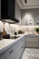 Luxury kitchen interior with white marble carrara countertops and black built in sink. Created with generative AI