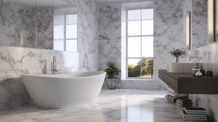 Naklejka na ściany i meble Modern bathroom interior with white marble carrara walls, tiled floor, comfortable white bathtub and large window. Created with generative AI