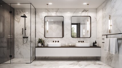 Modern, luxury bathroom with white marble carrara walls, tiled floor, comfortable white shower and double sink. Created with generative AI