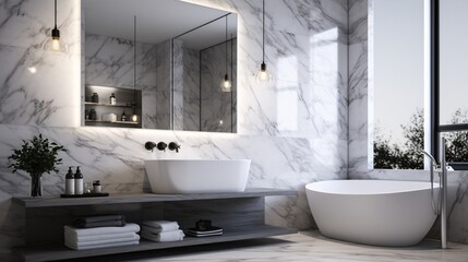Modern and luxury bathroom interior with white marble carrara walls, concrete floor, comfortable white bathtub and big sink. Created with generative AI