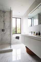 Interior of modern, luxury bathroom with white marble carrara walls and tiled floor. Big shower and bathtub. Created with generative AI