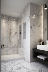 Luxury modern bathroom interior with white marble carrara walls, tiled floor and comfortable shower. Created with generative AI