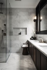 Modern luxury bathroom interior with tiled floor and white marble carrara tiles on walls. Created with generative AI