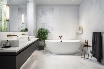 Naklejka na ściany i meble Interior of modern bathroom with white marble carrara walls, tiled floor, comfortable white bathtub and toilet. Created with generative AI
