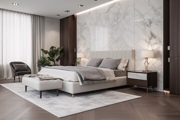Luxury modern bedroom interior design with white marble carrara tiles on wall, and wood panels. led lights. Created with generative AI