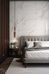Luxury bedroom interior design with modern white marble carrara walls, wooden floor, king size bed with white linens and dark wooden bedside table. Created with generative AI