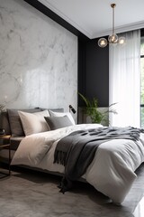 Interior of luxury modern bedroom with white and black carrara walls, concrete floor and comfortable king size bed. Created with generative AI