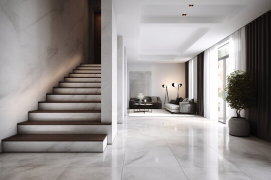 Interior of modern luxury house, living room with white walls and marble carrara floor. Created with generative AI
