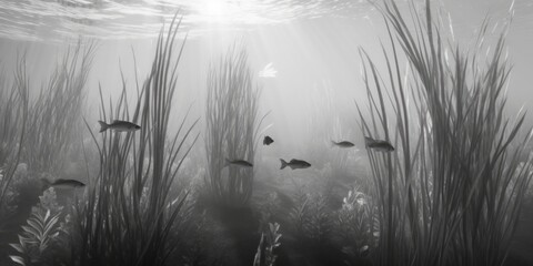 Black and white underwater landscape, ocean scene, seascape, Generative AI