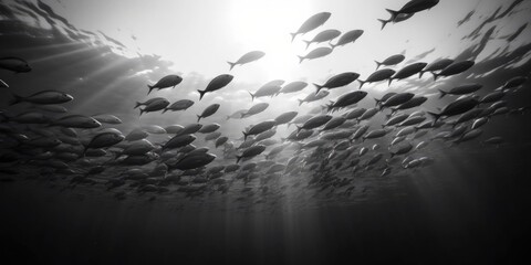 Black and white underwater landscape, ocean scene, seascape, Generative AI