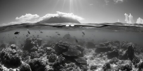 Black and white underwater landscape, ocean scene, seascape, Generative AI