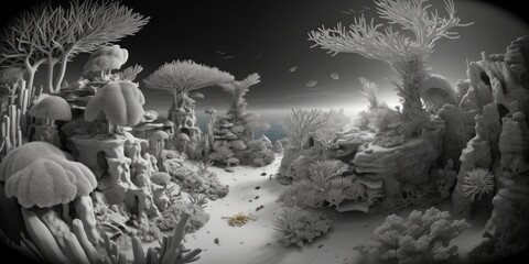 Black and white underwater landscape, ocean scene, seascape, Generative AI