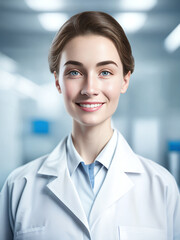 Smiling young Russian doctor in the lab. Medical, technology, woman concept created with generative AI.