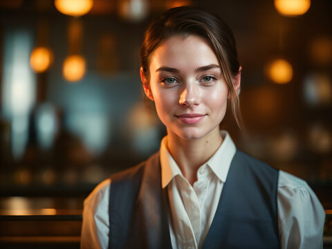 White female bartender shaking a cocktail shaker behind the bar. Attractive and confident woman looking at the camera. Bartending, femininity, nightlife concept created with generative AI.