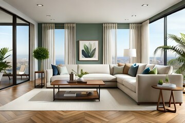 Fototapeta premium Comfortable and casual living room interior design with a large sectional, natural wood accents, and indoor plants, AI Generative