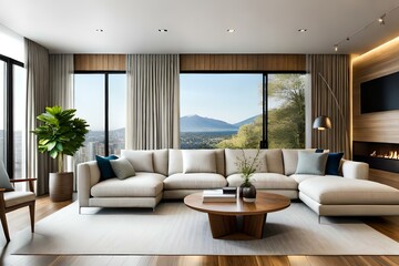 Naklejka premium Comfortable and casual living room interior design with a large sectional, natural wood accents, and indoor plants, AI Generative