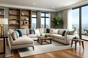 Comfortable and casual living room interior design with a large sectional, natural wood accents, and indoor plants, AI Generative