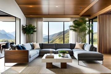 Fototapeta na wymiar Comfortable and casual living room interior design with a large sectional, natural wood accents, and indoor plants, AI Generative