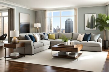 Fototapeta premium Comfortable and casual living room interior design with a large sectional, natural wood accents, and indoor plants, AI Generative