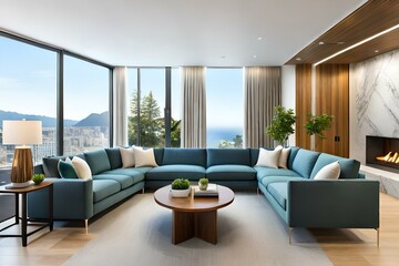 Obraz na płótnie Canvas Comfortable and casual living room interior design with a large sectional, natural wood accents, and indoor plants, AI Generative