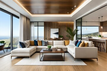 Naklejka na ściany i meble Comfortable and casual living room interior design with a large sectional, natural wood accents, and indoor plants, AI Generative