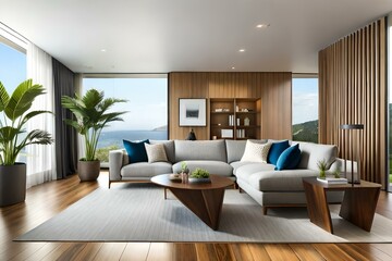 Comfortable and casual living room interior design with a large sectional, natural wood accents, and indoor plants, AI Generative