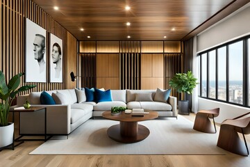 Fototapeta na wymiar Comfortable and casual living room interior design with a large sectional, natural wood accents, and indoor plants, AI Generative