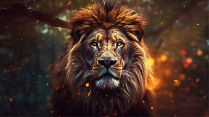 a big lion looking forward, fire in the air, generative ai